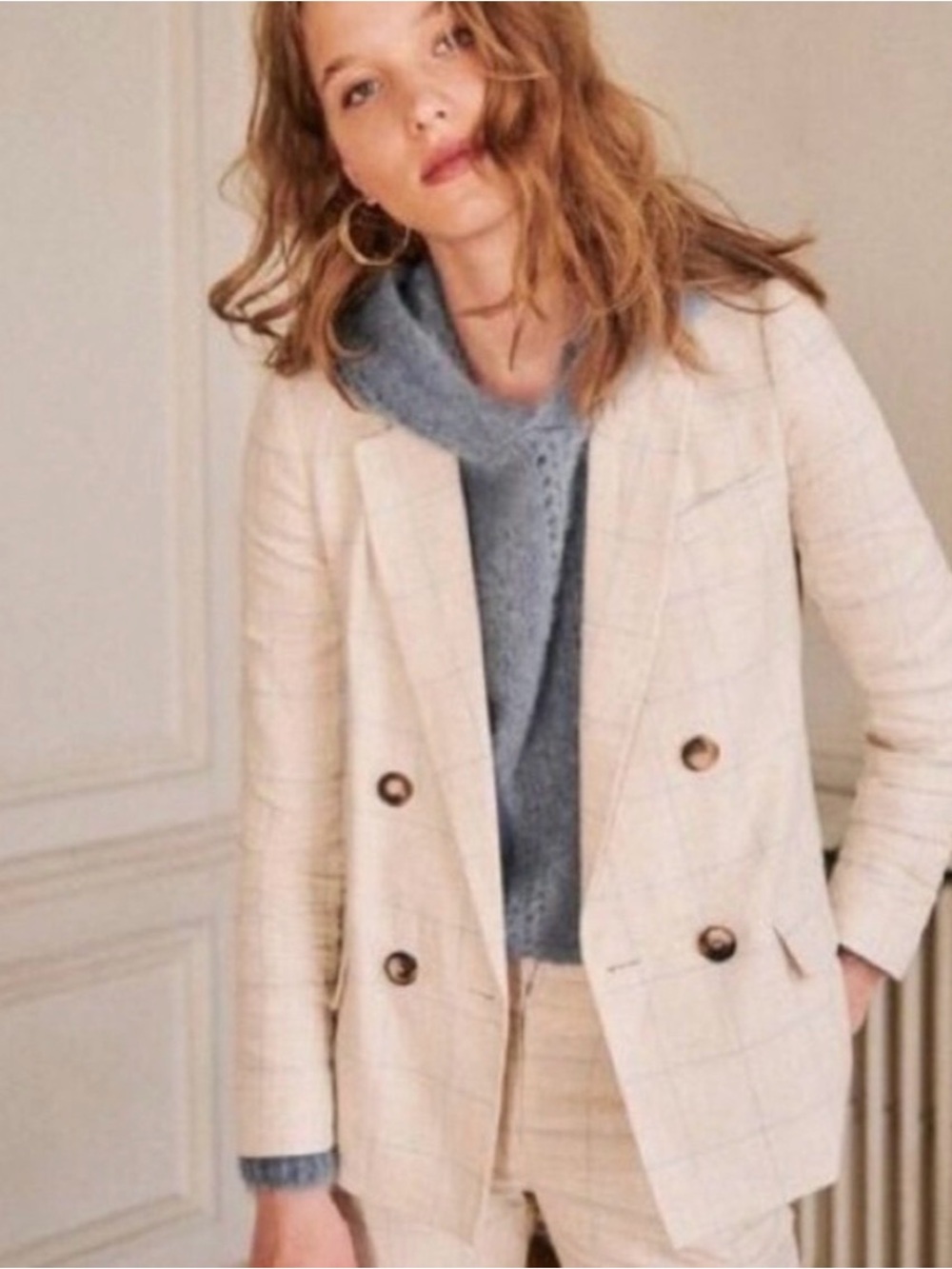 Sezane Beige Windowpane Linen Blend Pants
